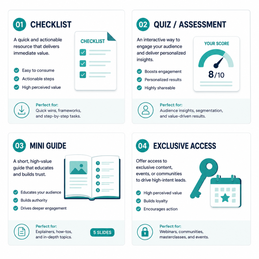 Four lead magnet format cards showing Checklist, Quiz, Mini Guide and Exclusive Access as the top-converting Instagram lead magnet types