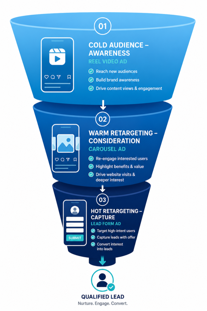 Three-layer Instagram paid advertising funnel showing Awareness, Consideration and Capture stages with corresponding ad formats