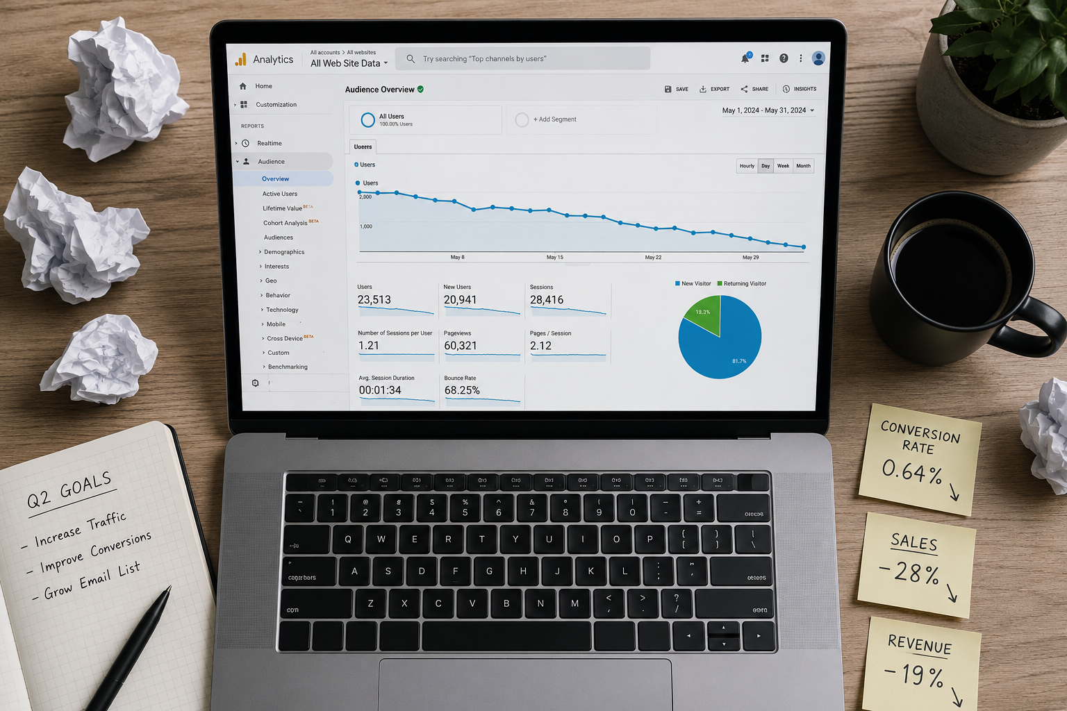Business website analytics showing declining traffic and low conversion rates in 2026
