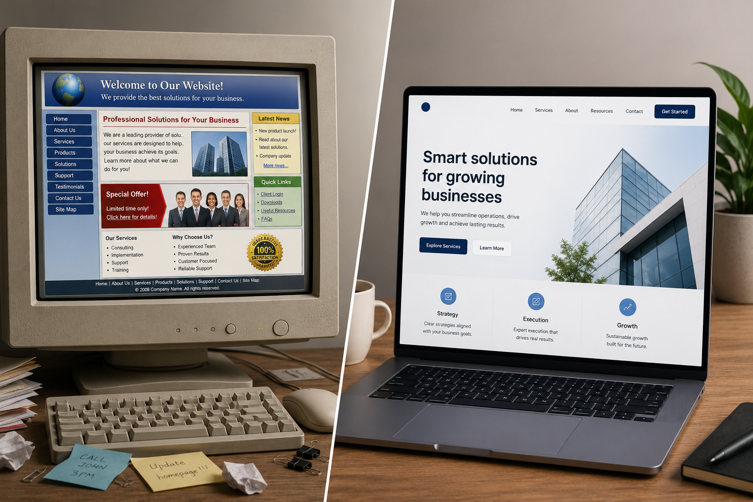 Before and after website redesign showing strategic improvements in user experience and conversion