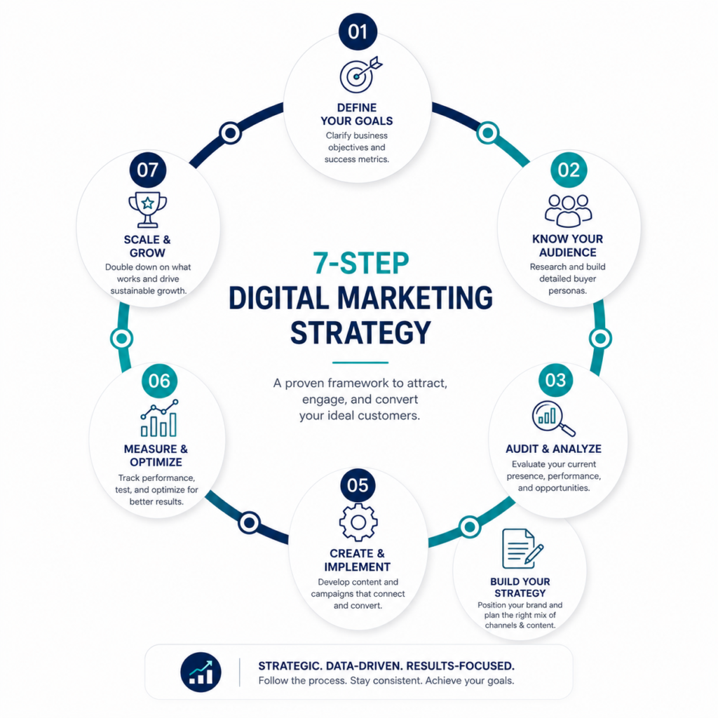 Seven-step circular workflow diagram for implementing a combined SEO and GEO strategy