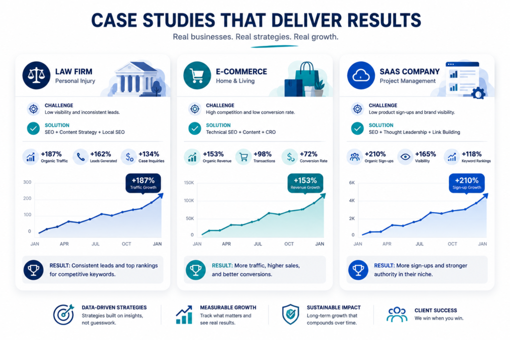 Three business case study cards showing growth results from combined SEO and GEO strategies