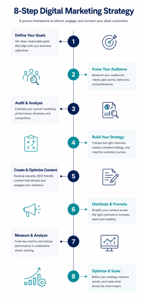 Eight-step vertical timeline showing the implementation sequence for an AI search marketing strategy