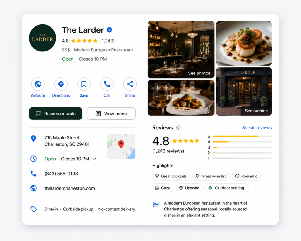 Optimised Google Business Profile mockup for a restaurant showing photos, reviews, menu link and booking button