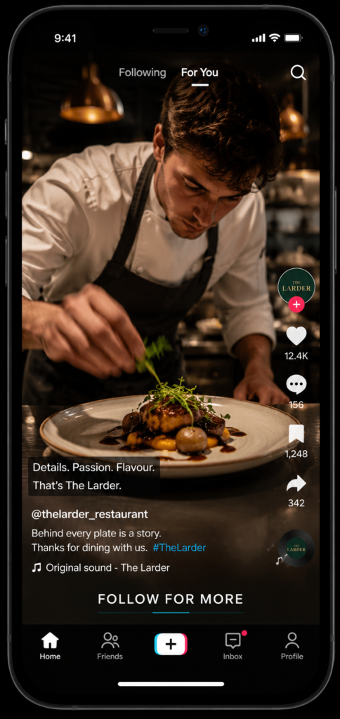 Smartphone screen showing a restaurant TikTok-style cooking video with engagement metrics visible
