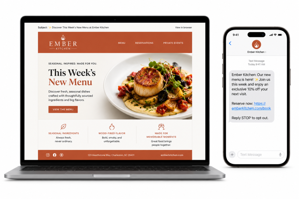 Laptop and smartphone mockup showing a restaurant email newsletter and SMS promotional message