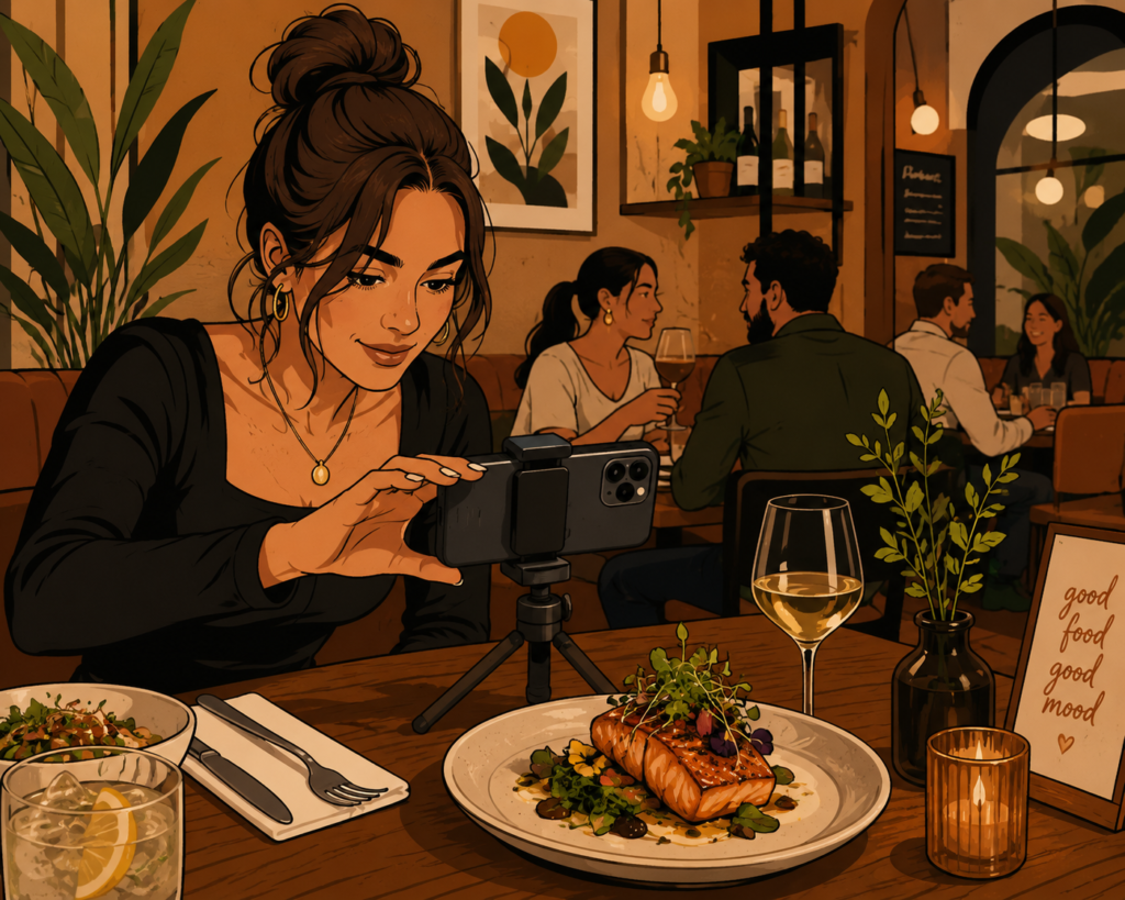  Illustration of a food content creator photographing a restaurant dish in a warm ambient dining setting