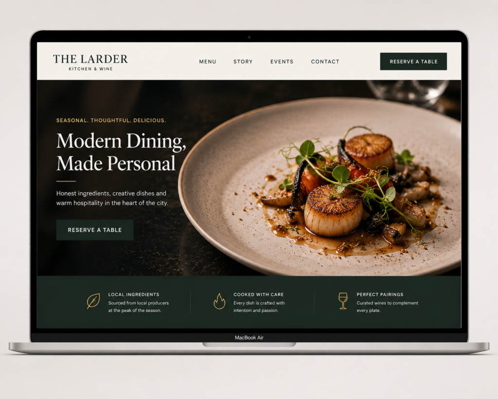  Restaurant website homepage mockup on MacBook showing hero image, navigation and prominent reservation button