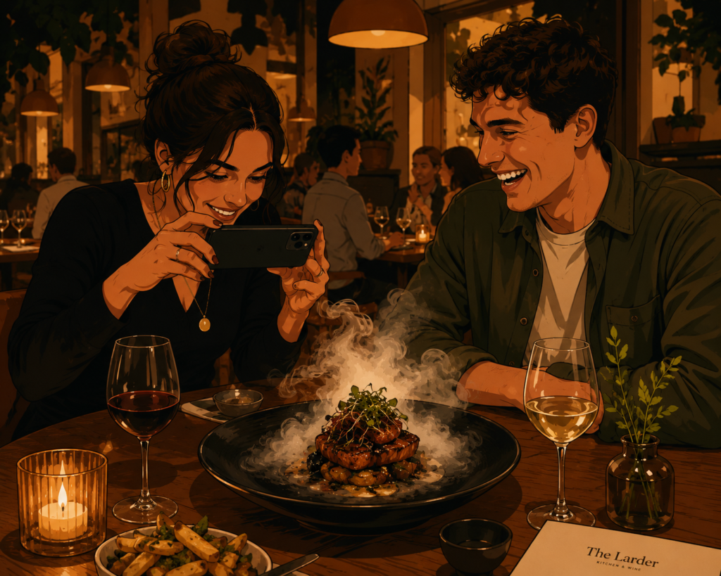  Illustration of diners photographing a dramatic restaurant dish in a warm ambient dining room