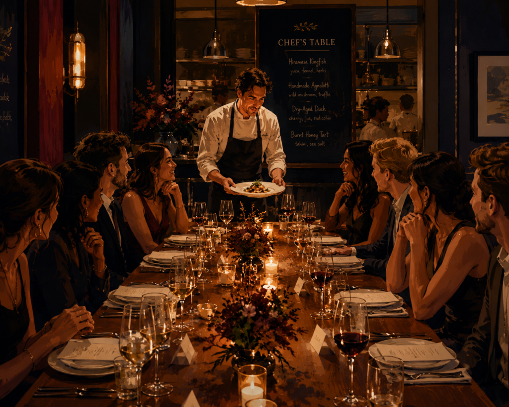Illustration of a chef's table private dinner event with diners gathered around a long table in a warmly lit restaurant