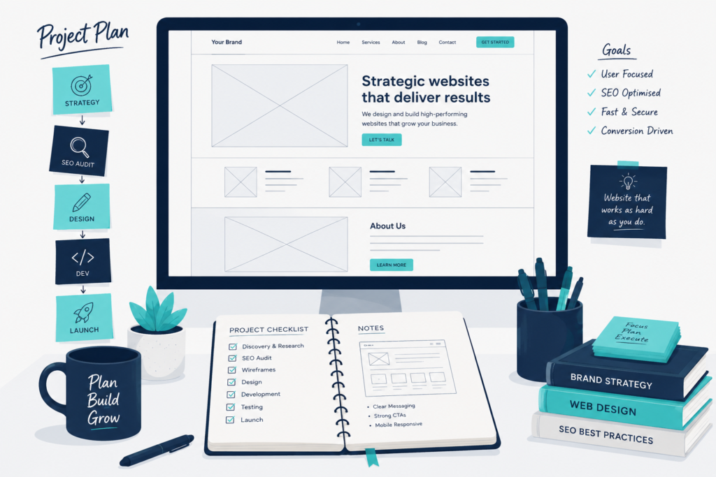 Website redesign planning workspace illustration showing wireframe screen, project phases and checklist notebook