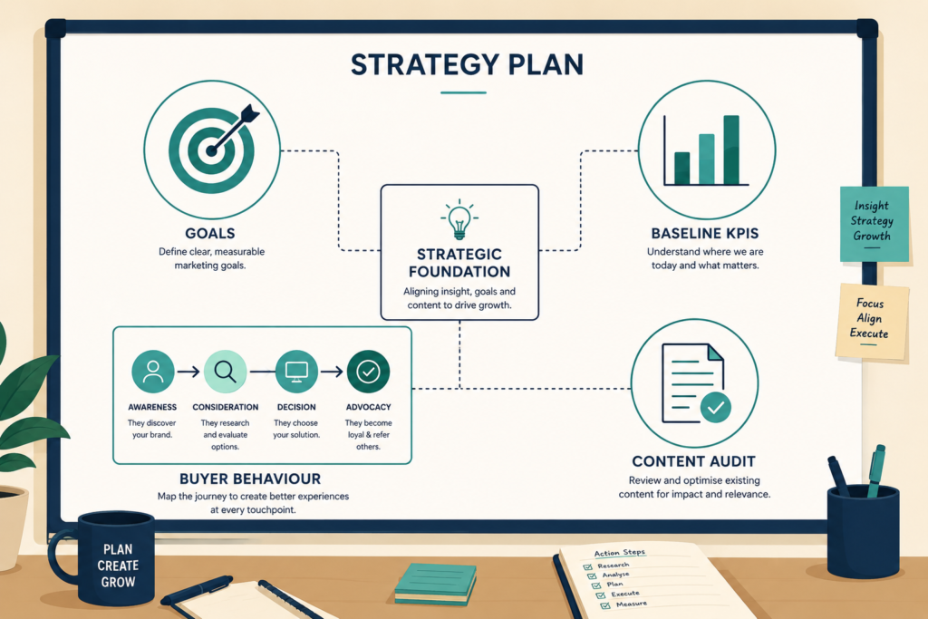 Strategy planning board illustration showing four connected elements: goals, baseline KPIs, buyer behaviour and content audit