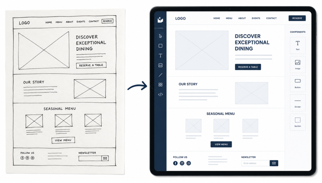 Split illustration showing hand-sketched website wireframe evolving into a digital wireframe tool layout