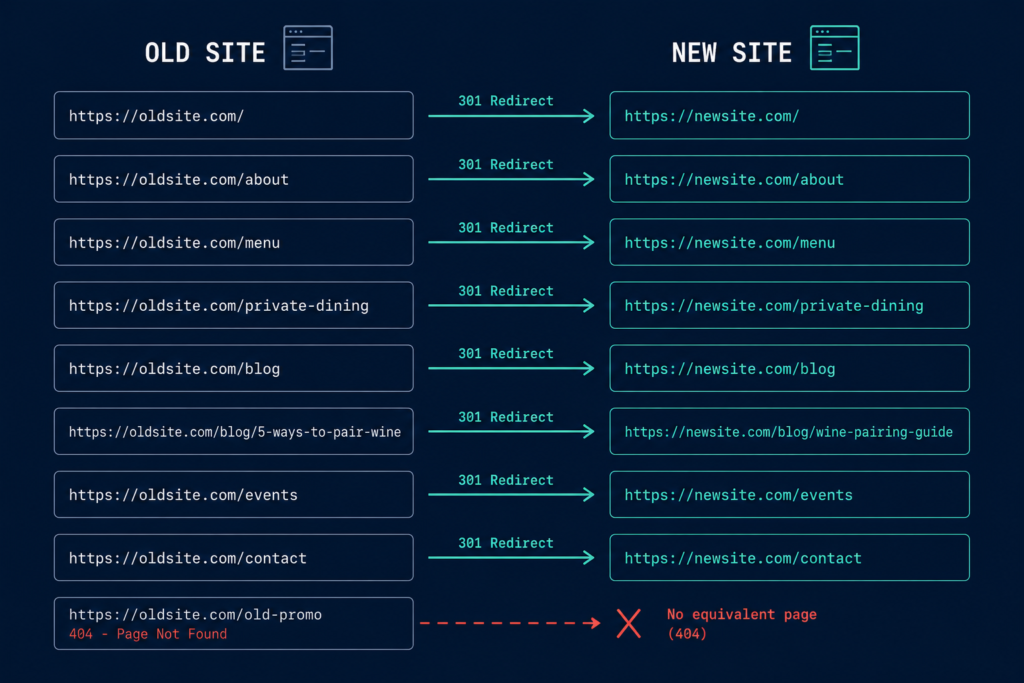 Technical illustration showing a 301 redirect mapping from old site URLs to new site URLs with 404 errors marked in red