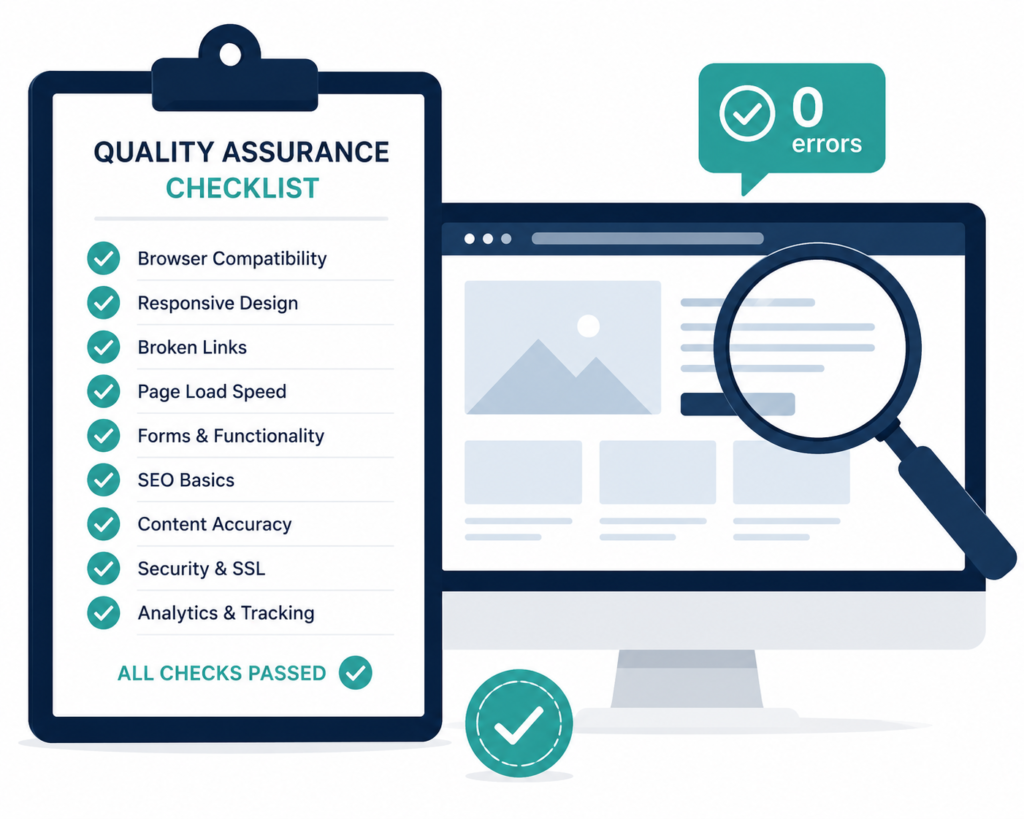 QA checklist illustration showing completed pre-launch website checks with a magnifying glass and zero errors indicator