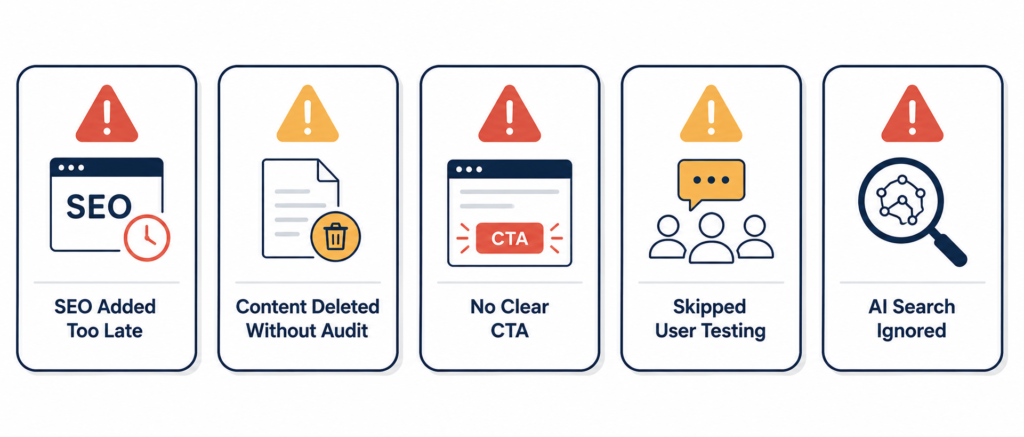  Five warning cards highlighting the most common and costly website redesign mistakes