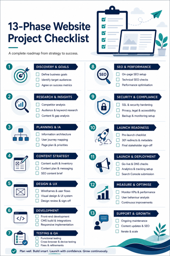 Two-column website redesign checklist document showing all 13 phases from strategy through 90-day post-launch review