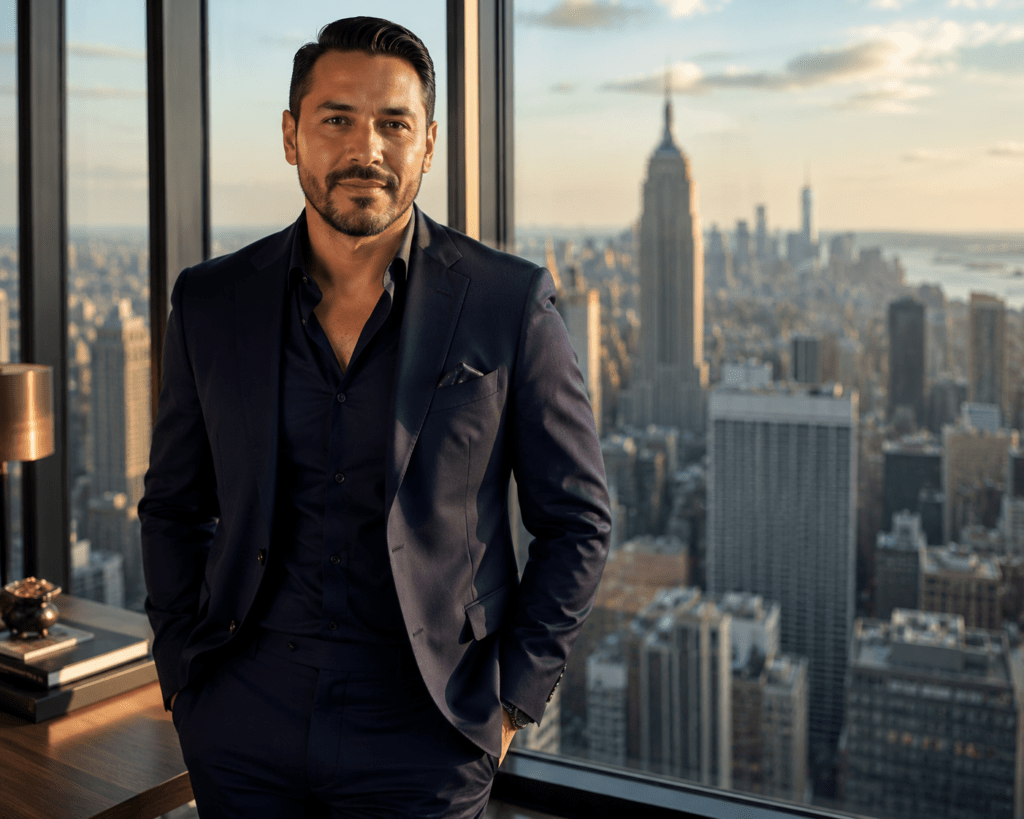 Marcus Rivera independent Manhattan real estate agent in dark navy suit standing before floor-to-ceiling window with Manhattan skyline at golden hour
