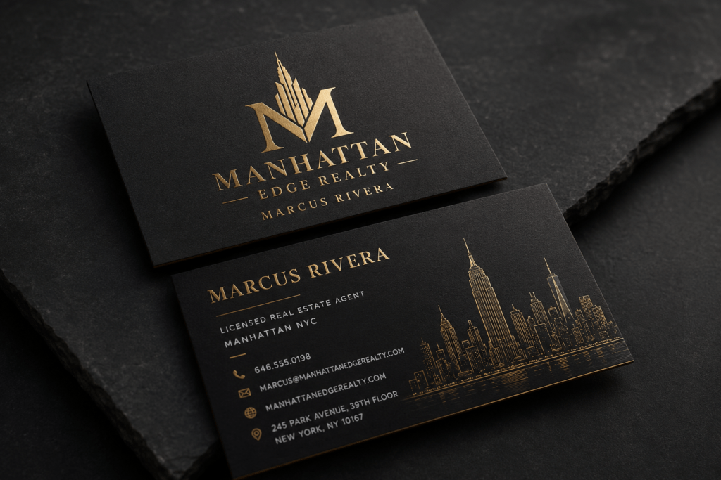 Manhattan Edge Realty matte black and gold foil business card front and back on dark slate surface showing logo agent name and contact details