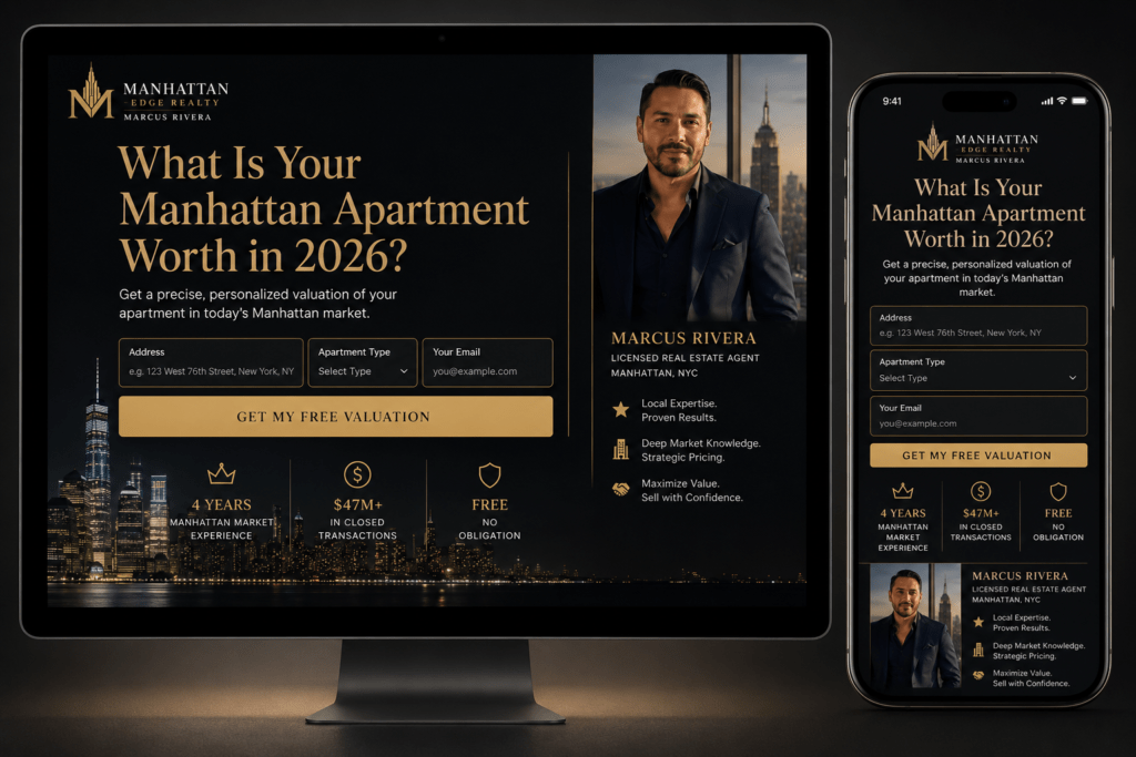  Manhattan Edge Realty free home valuation landing page on desktop and iPhone with dark luxury design, address form, gold CTA button and agent trust signals
