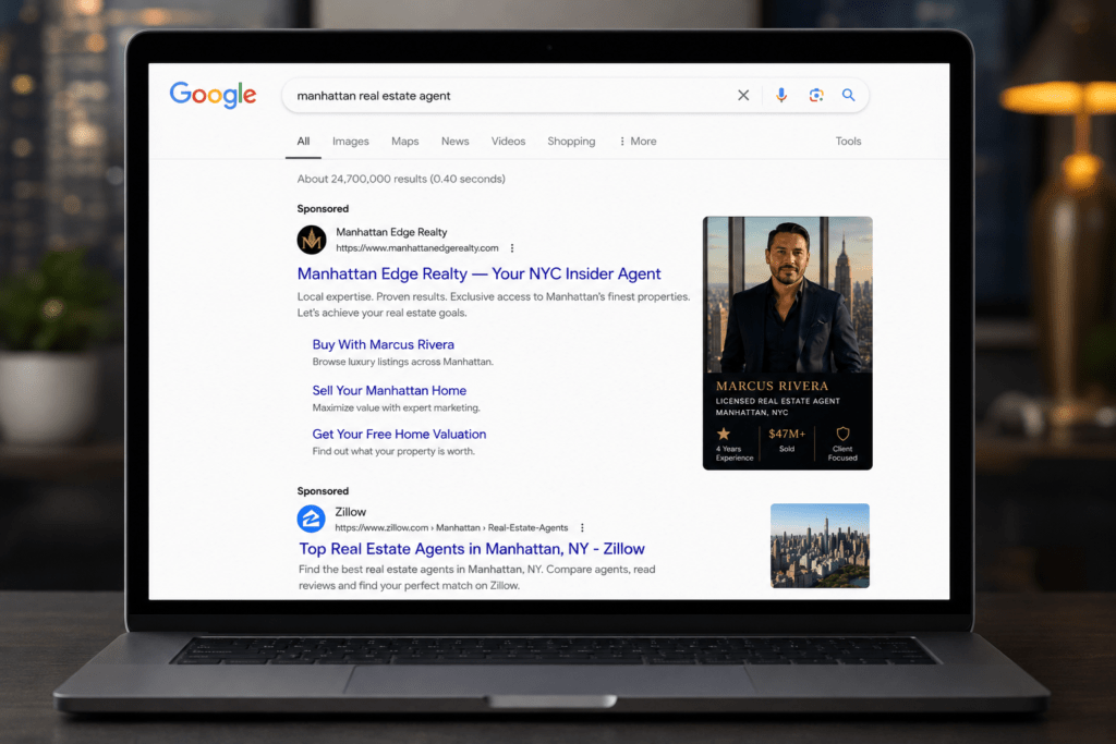 Google search results page showing Manhattan Edge Realty paid search ads targeting Manhattan real estate agent with free valuation offer and agent credentials
