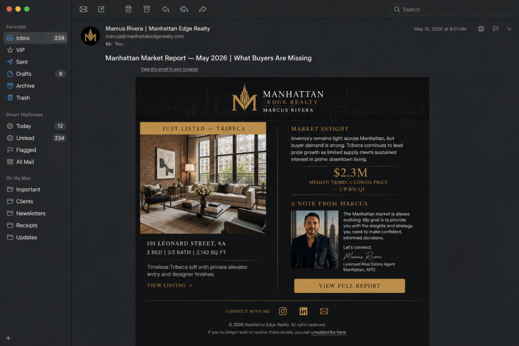 Manhattan Edge Realty luxury email newsletter on desktop showing market report data featured listing agent note and gold CTA button in dark and gold design