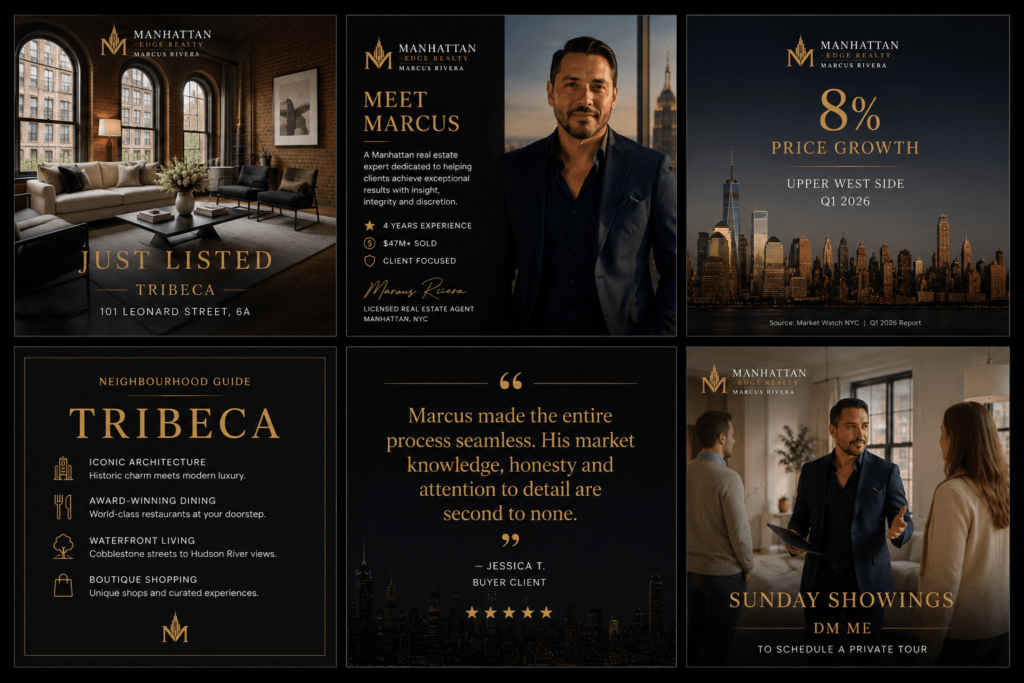 Manhattan Edge Realty Instagram six-post content grid showing property listing, agent introduction, market data, neighbourhood guide, client testimonial and behind the scenes posts in black and gold
