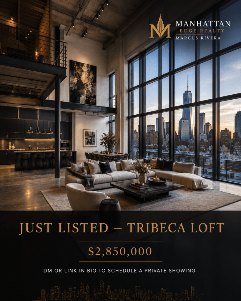 Manhattan Edge Realty Instagram just listed post showing Tribeca loft interior with gold text overlay showing price and showing CTA
