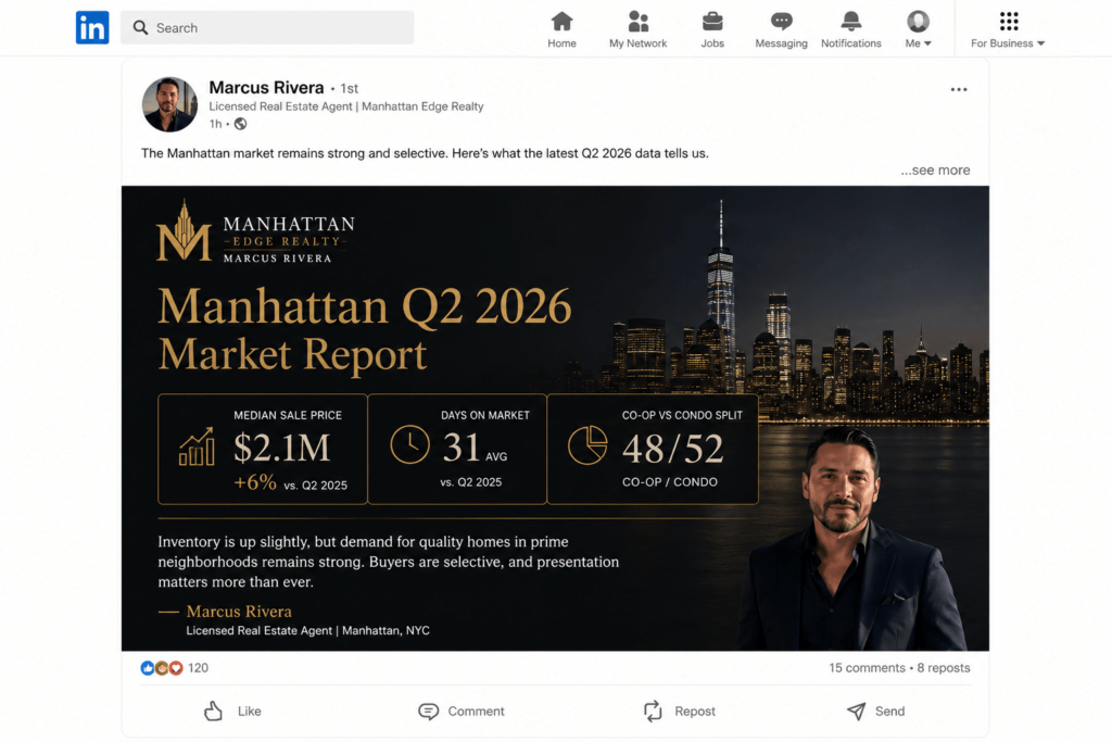 Manhattan Edge Realty LinkedIn post showing Manhattan Q2 2026 market report with median price days on market and co-op condo split data in dark luxury design