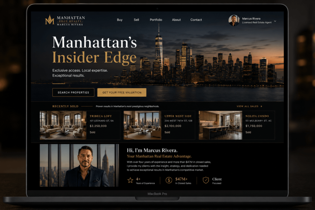 Manhattan Edge Realty luxury dark website homepage on MacBook showing Manhattan skyline dusk hero, serif headline, property cards and dual CTA buttons in obsidian and gold