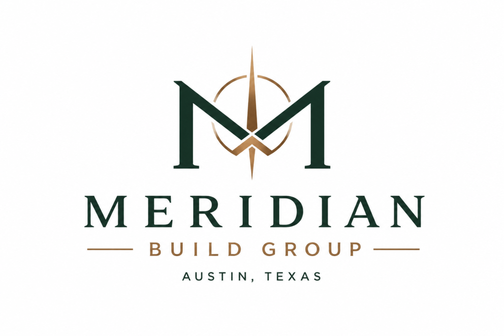 Meridian Build Group deep forest green and bronze architectural wordmark logo with geometric roof line M mark for Austin Texas residential home builder
