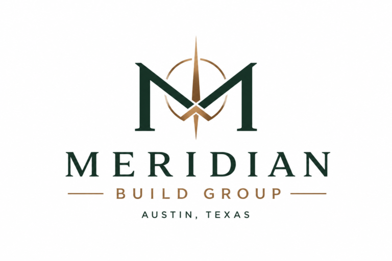 Meridian Build Group deep forest green and bronze architectural wordmark logo with geometric roof line M mark for Austin Texas residential home builder