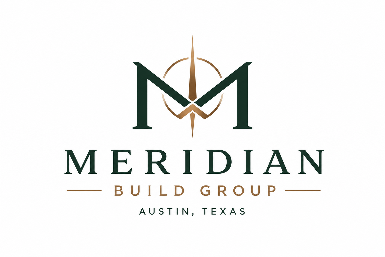 Meridian Build Group deep forest green and bronze architectural wordmark logo with geometric roof line M mark for Austin Texas residential home builder