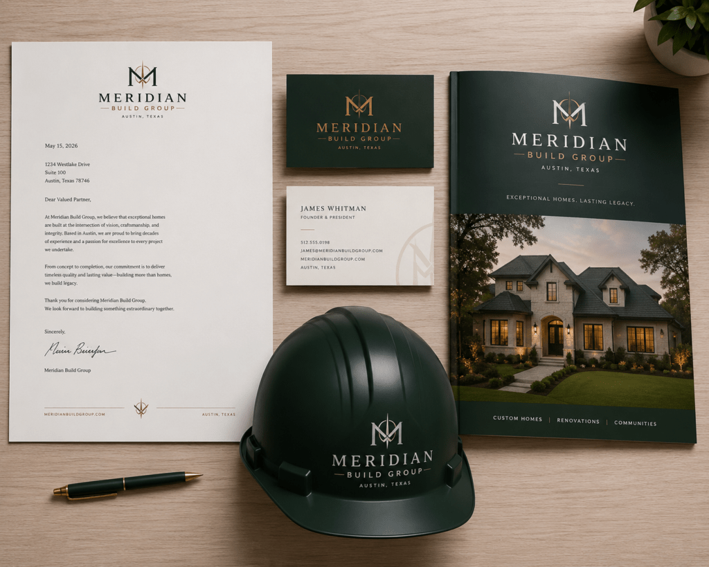 Meridian Build Group brand identity suite flat lay showing letterhead business card project brochure and branded hardhat in forest green and bronze on white oak