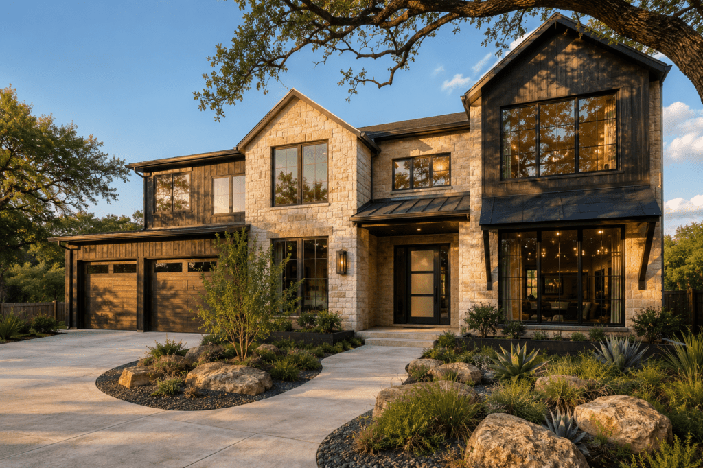 Meridian Build Group new construction premium model home exterior in South Austin Texas with stone facade dark timber accents black-frame windows and native landscaping