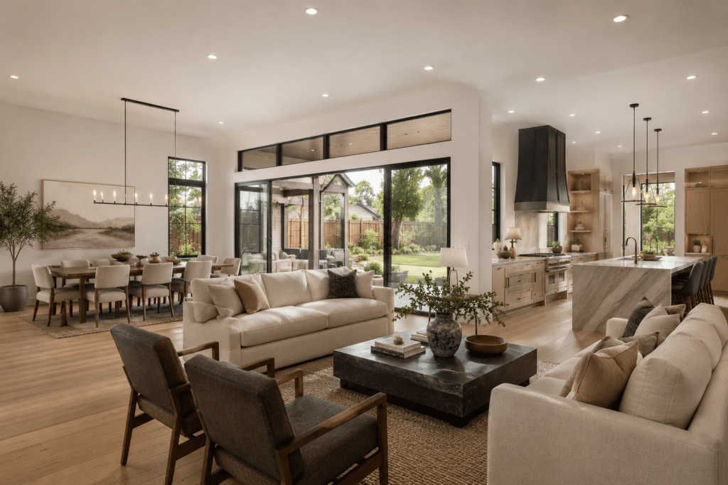  Meridian Build Group new construction home interior open plan living room with white oak floors 10-foot ceilings marble kitchen island and large backyard windows in Austin Texas