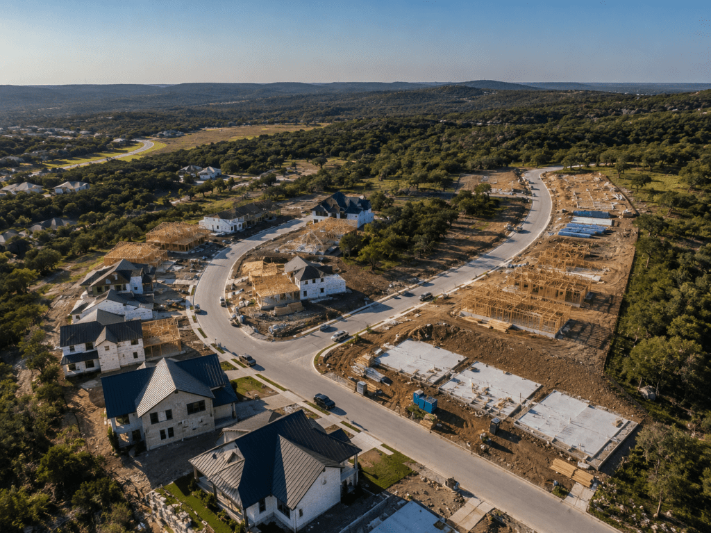 Aerial drone photograph of Meridian Build Group active residential development in Cedar Park Austin Texas showing multiple homes at various construction stages with Hill Country background
