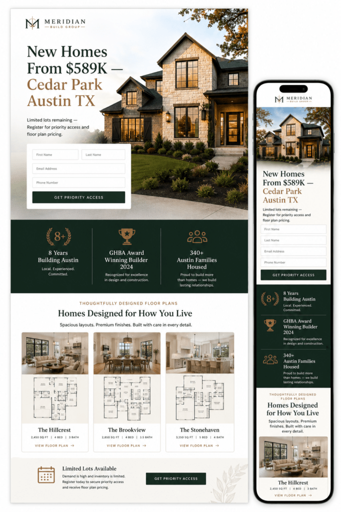 Meridian Build Group Google Ads landing page on desktop and iPhone showing model home hero headline from price registration form and trust badges for Cedar Park Austin new homes