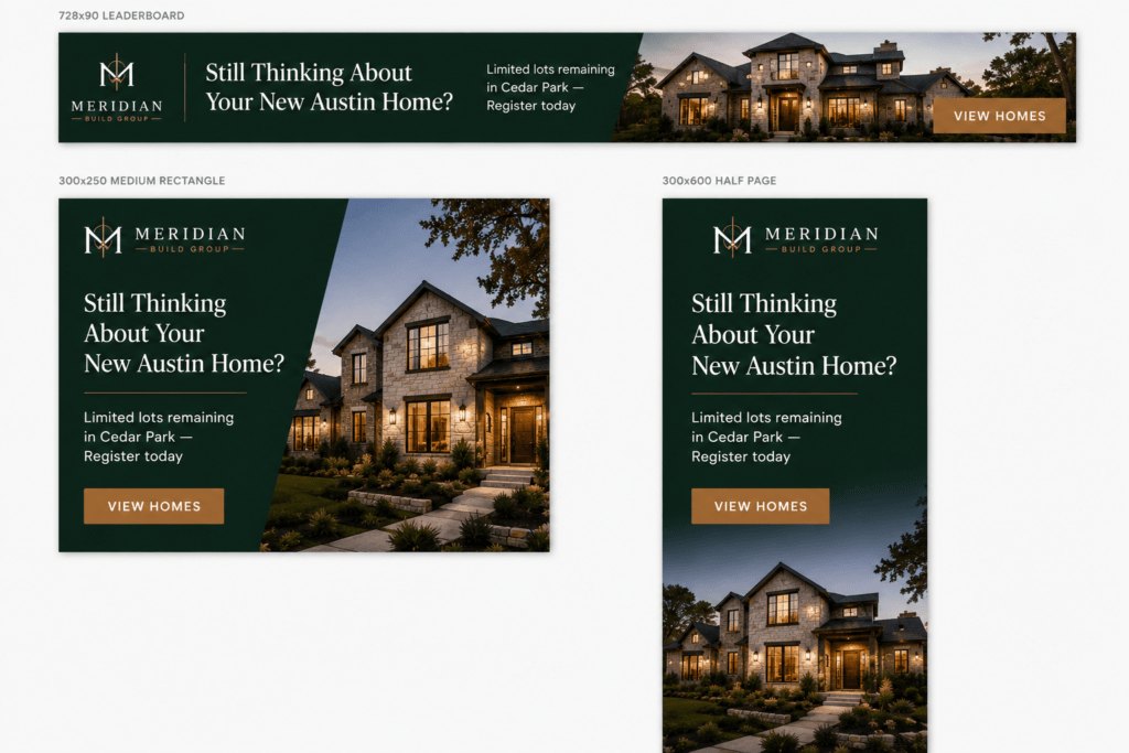 Meridian Build Group Google Display Network retargeting ads in three sizes showing model home photography green overlay headline and bronze CTA button