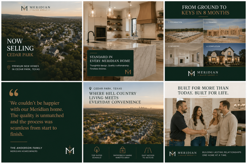 Meridian Build Group Instagram six-post content grid showing aerial community shot interior kitchen detail construction progress buyer testimonial neighbourhood aerial and team handover in green and bronze