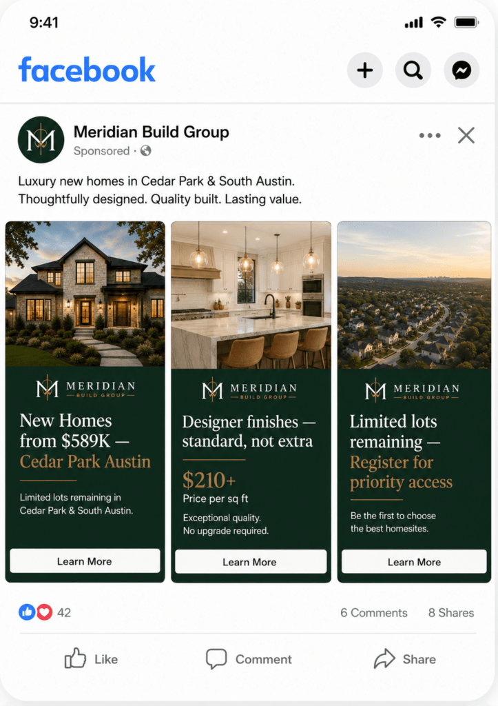 Meridian Build Group Facebook carousel ad on mobile showing three cards with model home exterior interior kitchen and aerial community shot with price and availability messaging