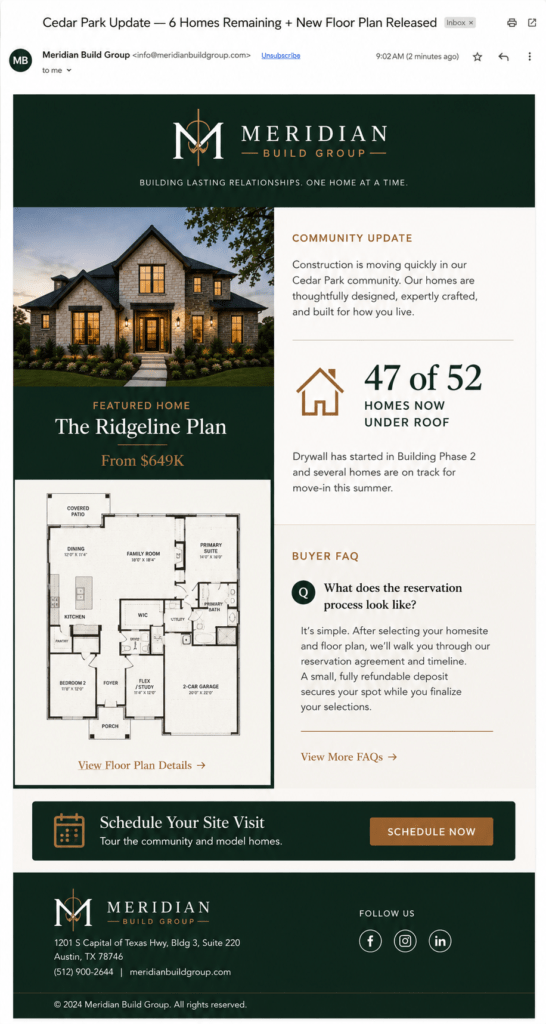  Meridian Build Group email newsletter on desktop showing featured home floor plan construction update buyer FAQ and site visit CTA in forest green and bronze design
