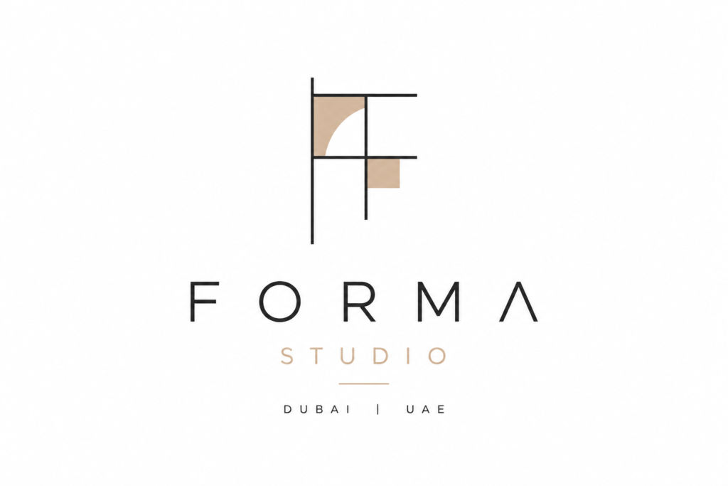 Forma Studio warm sand and deep charcoal geometric wordmark logo with abstract architectural line mark for luxury architecture firm Dubai UAE
