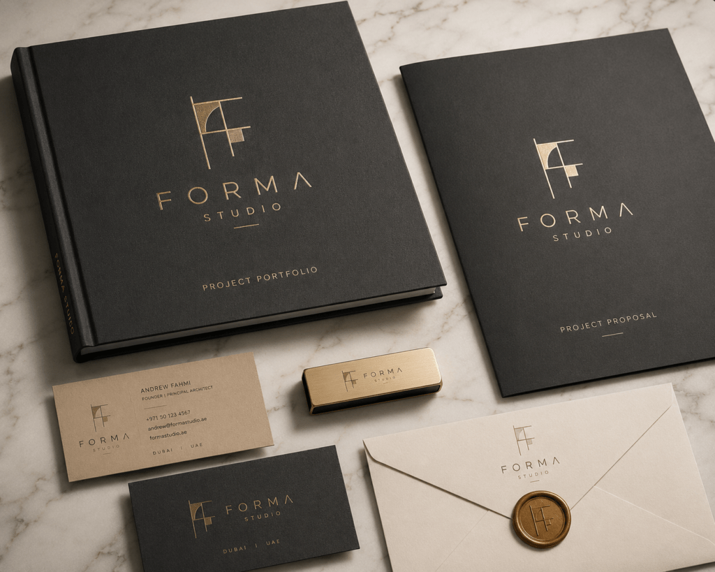 Forma Studio brand identity suite flat lay on marble showing portfolio cover business card gold USB proposal folder and wax sealed envelope in charcoal gold and sand