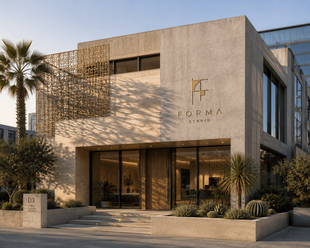 Forma Studio architecture studio exterior in Dubai Design District D3 with brushed concrete facade geometric perforated screening minimal gold signage and desert plants
