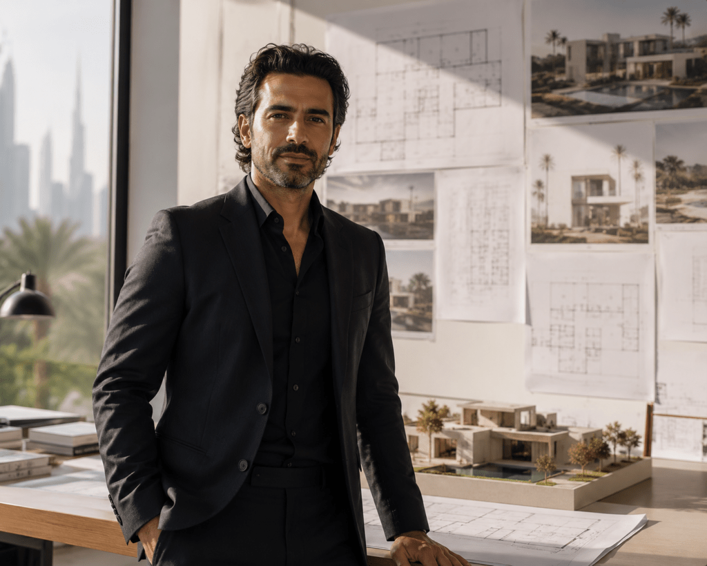Omar Al-Rashid founding principal architect at Forma Studio in tailored charcoal suit in light-filled Dubai studio with architectural drawings and villa scale model