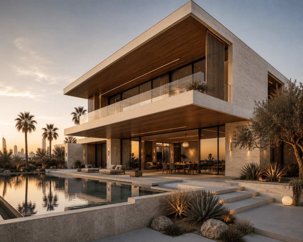 Forma Studio designed contemporary luxury villa exterior in Dubai Hills with cantilevered upper floor infinity pool limestone facade timber overhangs and floor to ceiling glazing at golden hour