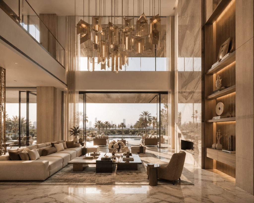 Forma Studio designed luxury villa interior living room in Dubai with double height ceiling custom chandelier bookmatched marble floors oak joinery and floor to ceiling glass to pool terrace