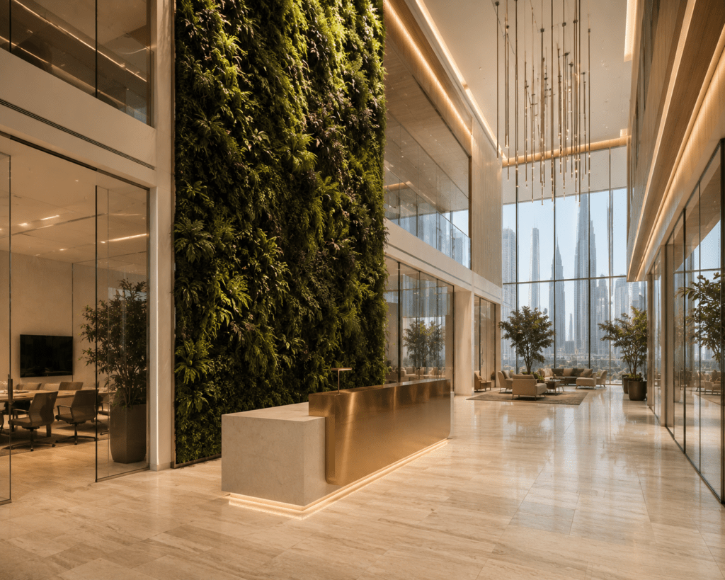 Forma Studio designed luxury commercial office interior in Downtown Dubai with biophilic living green wall travertine floors brass reception desk and Dubai skyline view
