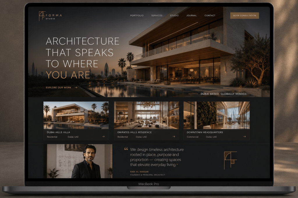 Forma Studio architecture firm website homepage on MacBook with dark charcoal hero section Dubai villa photography serif headline three portfolio project cards and principal quote in gold and sand